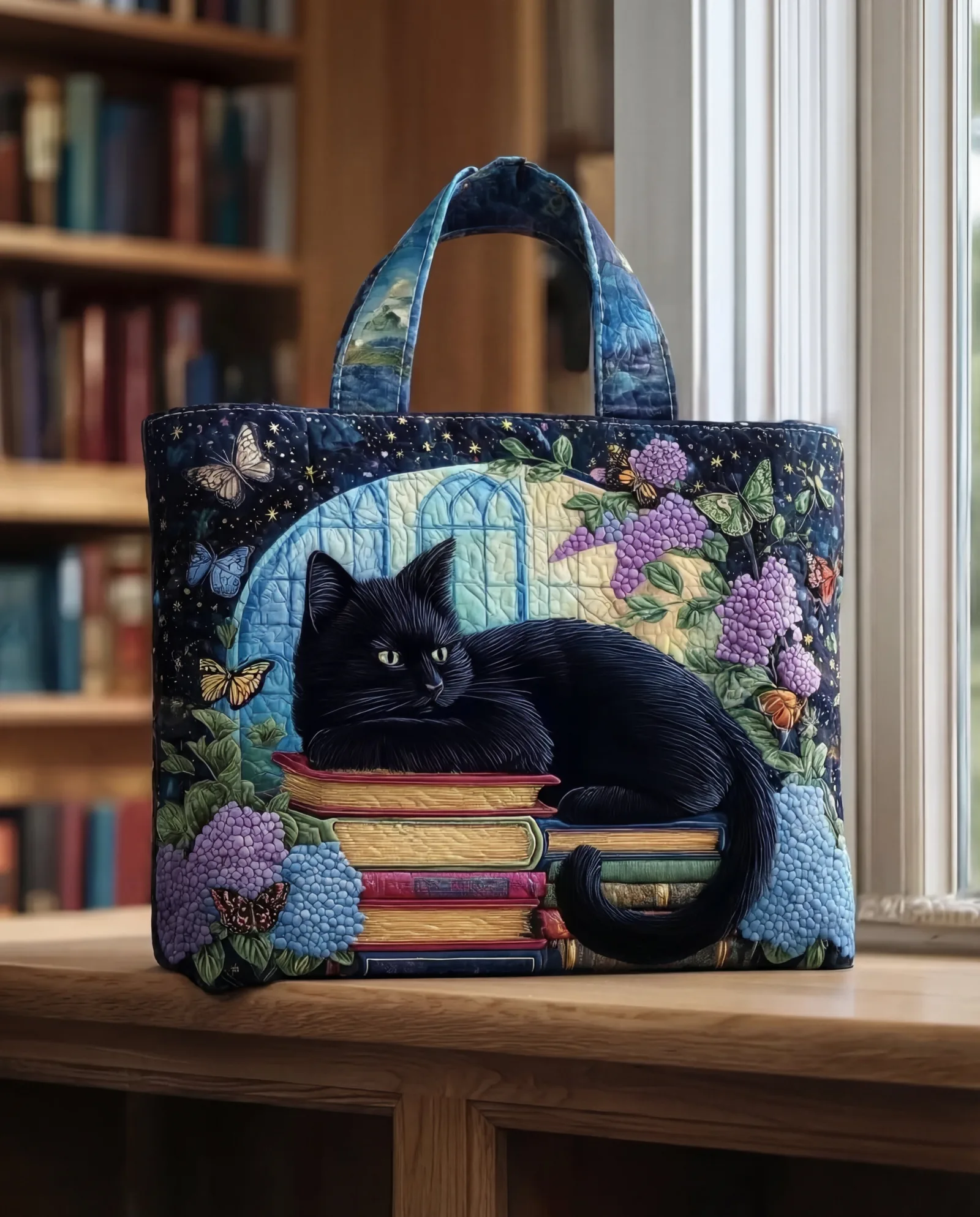 Bolsa Artesanal “Gato Preto sobre Livros”